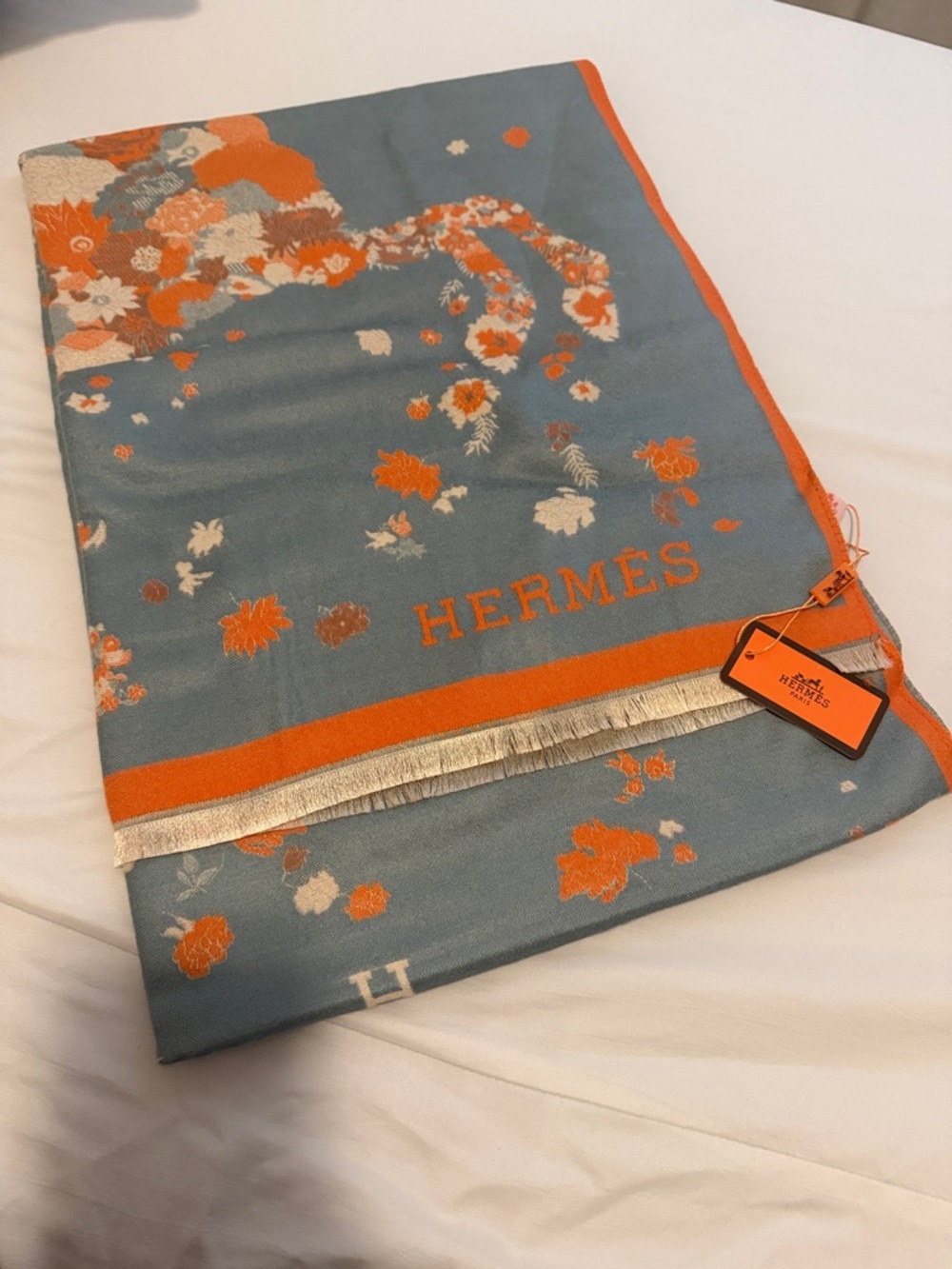 Hermes Blue and Orange Floral Silk Scarf with Silver Trim